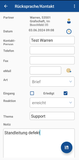 Instandhaltung.App Kundenkontakt direkt in das CRM eintragen und ggfs Rücksprache einstellen